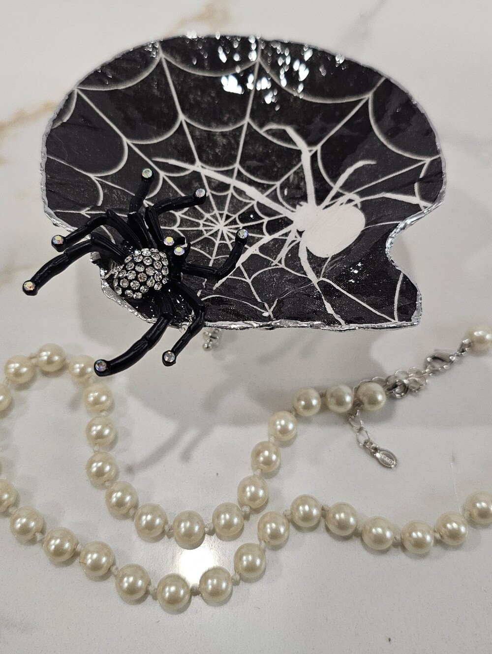 Handmade Black & White Spider Print Decoupage Scallop Shell Trinket Dish w/Stand